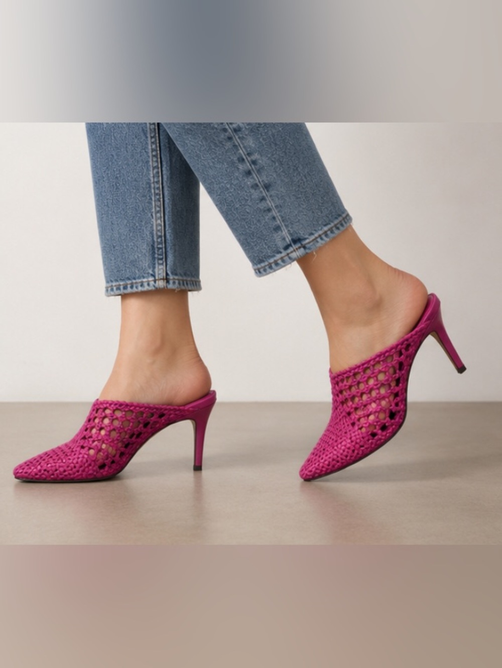 Fuchsia Woven Pointed-Toe Mule Heels